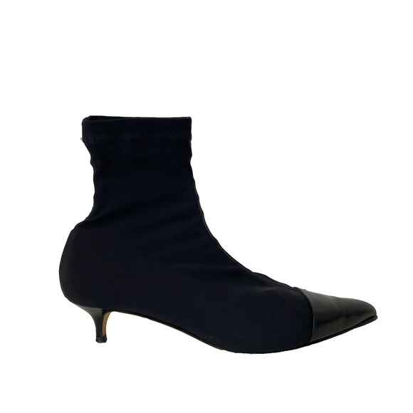Dear Frances Sock Ankle Boot Black Point Cap Leather Toe Stretch Kitten Heel 39 - Picture 1 of 10